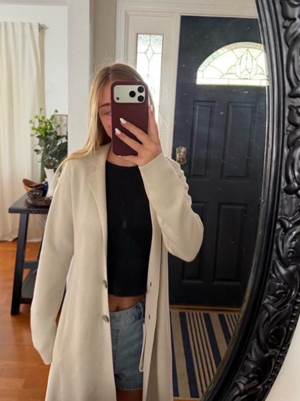 Eileen Fisher 80% Silk Cotton Knit Long Cardigan Coat Neutral Beige Sz XS